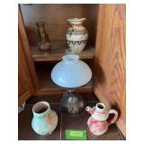 Nemadji Pottery, oil lamp and two other pieces pottery