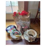 Embroidery supplies, cemetery flowers, planter, etc