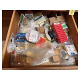 In drawers includes glue gun, coat hooks, wheels, bits, dowels, etc