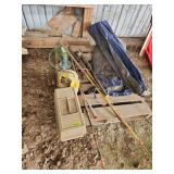 Fishing tackle box, poles and canvas tent
