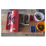 Toolbox, allen wrenches, driver bits, putty knives, hacksaws