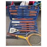 New in box barbecue set and tennis rackets for swatting the bugs