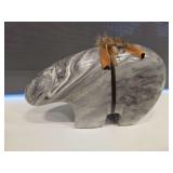 Handcrafted Gr/White Marbled Stone Bear Figurine Adorned with a Leather Tie