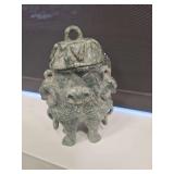 Hand-Carved, Mottled Green Jade Incense burner (censer) from China, featuring animal mask and ram-like or mythical beast head motifs with a matching removable lid
