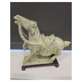 Hand-Carved Soapstone Sculpture of a Tang-Style War Horse on a Wooden Display Base, Approximately 10" x 10"