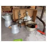 Meat grinders, sifter, and tea pots
