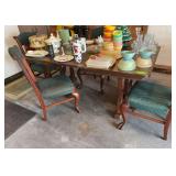 Wood dining table with veneer top 59” and 12” leaf with 4 chairs NO CONTENTS