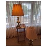 Telephone stand and 2 brass lamps, small quartz clock