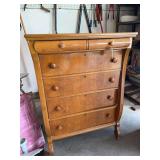 Wood chest of drawers 20D x 34L x 47H with curved top drawer, veneer on top peeling