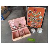 Framed button art, jewelry box w costume jewelry and milk glass trinket boxes