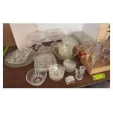 Lots of clear glass includes snack trays, vases, cups and more