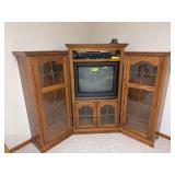 3 pc entertainment cabinet and 2 side display cabinets all w/ leaded glass doors, TV and VHS/DVD Player