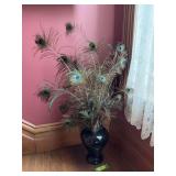 Black Haeger vase approx 12” tall w peacock feathers