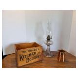 Oil lamp, Tournade’s Kitchen Bouquet dovetail box and copper? 1pt US Creamer
