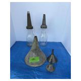 Funnels, (2) one quart oil bottles One marked Dover No.80 with matching funnel and unmarked with Master spout