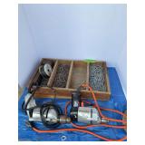 Two electric drills, wooden drawer w nails