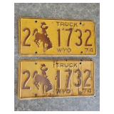 1974 Pair of Matching Wyoming Truck License Plates