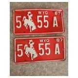 1967 Pair of Red Matching Wyoming License Plates