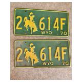 1970 Pair of Green Matching Wyoming License Plates