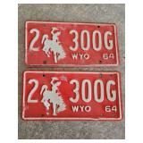 1964 Pair of Red Matching Wyoming License Plates