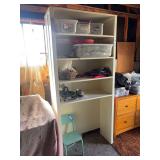 Large, heavy wood bookshelf with some power strips, empty totes, basket, water bowl 38 x 16 x 84