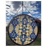 Cobalt and cream round stained glass 24”