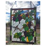 Hummingbird with grapes, rectangular stained glass piece 18 x 24
