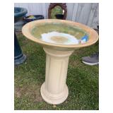 White ceramic birdbath base with non-matching ceramic bowl for a top