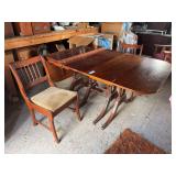 Duncan Phyfe large expanding dining room table 26 x 40 smallest size with two 15” drop downs and three 13” leaves also includes two chairs