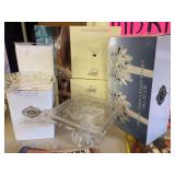 Assorted Crystal including three boxes of wine glasses - four each box - four crescent plates, square cake plate, and crystal candleholders