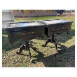 Unique, antique black painted side tables with single drawer and mirrored top