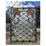 Orange rectangle floral crisscross design stained glass 18 x 24