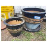 Large ceramic pot with ceramic saucer, 15 x 13 and small ceramic pot 10 x 9