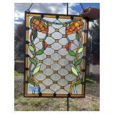 Rectangular orange floral crisscross themed stained glass 18 x 24