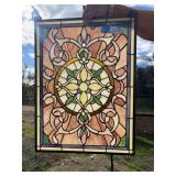 Root beer swirl with green and yellow rectangle stained glass 18 x 24