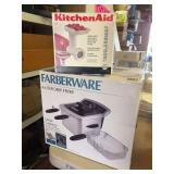 New in box, Farberware 4 liter deep fryer and KitchenAid meat grinder attachment