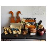 Pottery, knick knacks, doll bench, geese decor