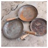 3x Metal Skillets w/ Wooden Handles