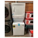 GE White Laundry Center with 3.8 cu. ft. Washer and 5.9 cu. ft. Gas Dryer, model gud27gssm2ww, includes warranty