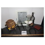 Jar of Pinecones, Horseshoe, Glass Angel, Wine