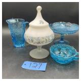 Lidded Compote, Blue glass pitcher, L.E. Smith