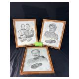 (3) 12x 15 Various Wooden Framed Pencil Drawn