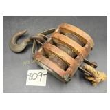 Metal and Wood Triple Barn Pulley--Has some damage