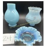 2 Blue Glass Globes and Trinket Dish