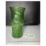 Avocado green, crinkled glass vase 9 1/2' T