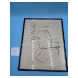 Framed caricature drawing by artist Finifter of