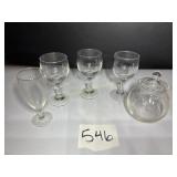 4 Antique clear glass goblets, canister with lid