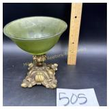 Vintage Green glass compote with brass bottom