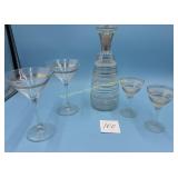 MCM Gold trimmed Decanter, with 4 liquor glasses