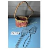 Vintage crooked handle basket, 2 old kitchen tools